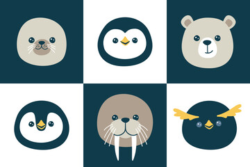 Vector illustration of cute muzzles of arctic animals - penguins, polar bear, fur seal and walrus - 725877936
