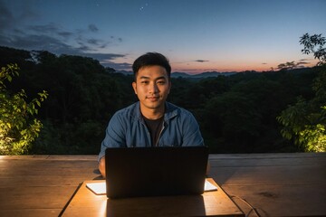 A remote employee immersed in nature, working on a laptop under the vast night sky, working late