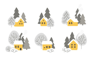 Vector yellow house and trees in the forest. Winter cozy composition isolated on white background - 725877952