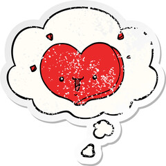 cartoon happy love heart and thought bubble as a distressed worn sticker