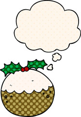cartoon christmas pudding and thought bubble in comic book style