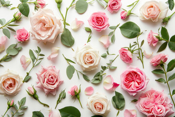 Floral pattern with pink roses, branches and petals on white background