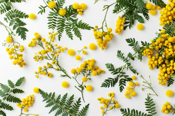 Pattern with spring mimosa flowers on white background