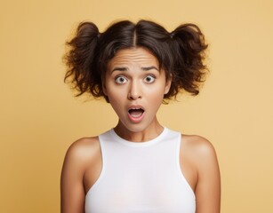 Young woman wearing white t-shirt shocked with surprise