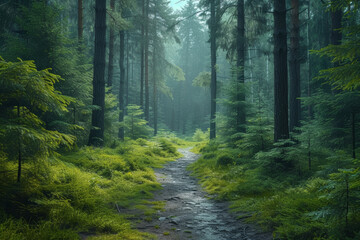 A tranquil forest scene in varying tones of green, capturing the peaceful ambiance and lushness of...