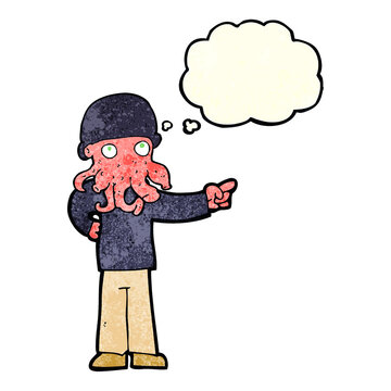 cartoon alien monster man with thought bubble