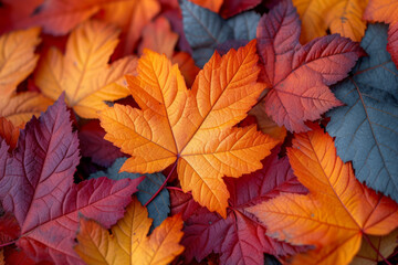 Naklejka na ściany i meble A close-up of autumn leaves in different shades of orange, creating a warm and harmonious display of seasonal colors. Concept of monochromatic fall foliage. Generative Ai.