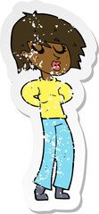 retro distressed sticker of a cartoon woman whistling