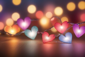 Fairy lights with colorful hearts on light