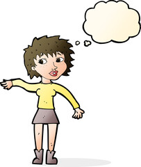 cartoon friendly woman waving with thought bubble