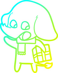 cold gradient line drawing cute cartoon elephant with christmas present