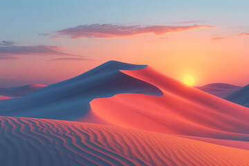 A minimalist shot of a desert dune at sunset in shades of warm orange, creating a tranquil and contemplative scene. Concept of monochromatic desert sunsets. Generative Ai.