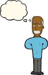 cartoon annoyed balding man with thought bubble
