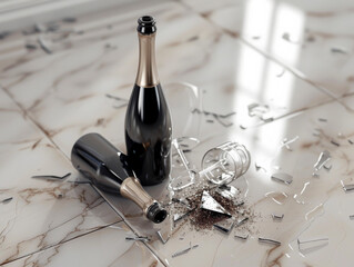 Umgekippte Champagnerflasche und zerbrochenes Glas auf poliertem Boden