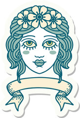 tattoo sticker with banner of female face with crown of flowers