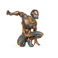 Naklejka premium futuristic astronaut is crouched ready to jump in white background