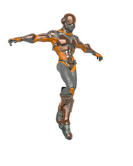 futuristic astronaut is floating and landing in white background