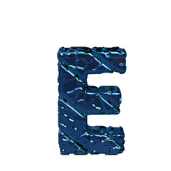 Blue symbol made from rough diagonal blocks. view from above. letter e