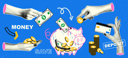 Set of elements with money in retro collage style.Hands with a halftone effect are holding a bill, coins, credit card, putting money in a piggy bank.