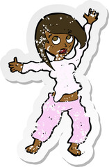retro distressed sticker of a cartoon frightened woman
