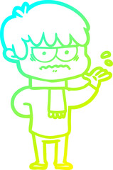 cold gradient line drawing annoyed cartoon boy