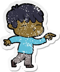 distressed sticker of a cartoon curious boy