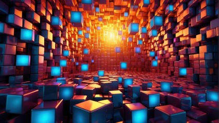 Fototapeta premium illustration of abstract background with colorful glowing cubes. generative, ai.