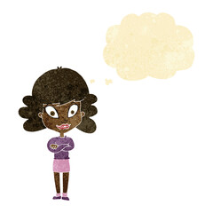 cartoon happy woman with folded arms with thought bubble