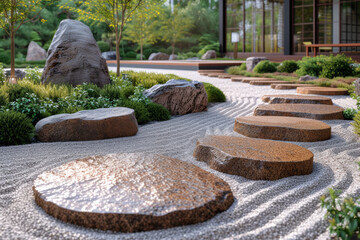 A close-up of a zen garden with carefully raked gravel and strategically placed stones, showcasing the meticulous balance and geometric precision in Japanese landscaping.  Generative Ai.