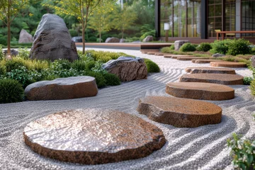 Fotobehang A close-up of a zen garden with carefully raked gravel and strategically placed stones, showcasing the meticulous balance and geometric precision in Japanese landscaping.  Generative Ai. © Sebastian