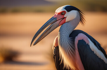 A bird marabou stork, closeup, arid desert landscape, national geographic , free space