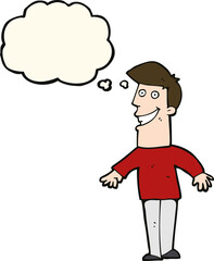 cartoon grinning man with thought bubble