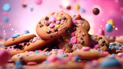 Obraz premium Cookie Chocolate Chip Dessert Pastel Sweets Bakery Sweet Treats Pastries dough Food Snack Biscuit Delicious Flavor Doughnut Frosted Mouthwatering Glazed Sprinkles Macadamia Marshmallows Jelly America
