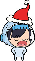 line drawing of a astronaut woman explaining wearing santa hat