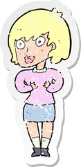 retro distressed sticker of a cartoon woman making Who Me gesture