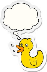 cartoon quacking duck and thought bubble as a printed sticker