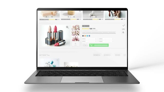 Cosmetic products website animation. E-commerce and shopping sales webpage. Makeup set for women. Laptop mockup