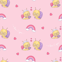 Obraz premium Seamless romantic pattern with loving couple elderly snails. Funny grandparents insects kawaii characters on pink background with hearts and rainbow. Vector illustration. Valentine I love you