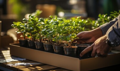 planting seedlings, men's hands and young plants