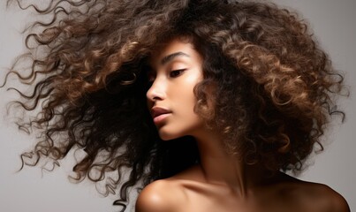 Beauty portrait of african american girl with clean healthy skin. Dreamy beautiful black woman.Curly hair in afro style