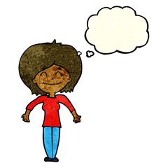 cartoon woman shrugging shoulders with thought bubble