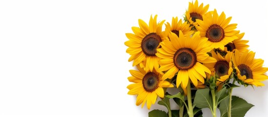 Obraz premium Sunflowers arranged in bouquet, with white background and empty space
