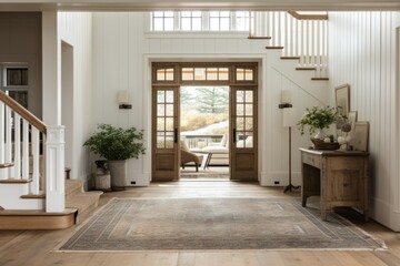 elegant design of the light entrance area of a modern country house, wooden trim, large windows, staircase to the upper floor