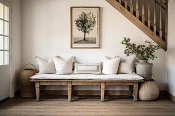Fototapeta na wymiar country style in the design of a modern elegant hallway of a large country house, a bench with pillows, house plants, large paneled windows and a staircase to the upper floor