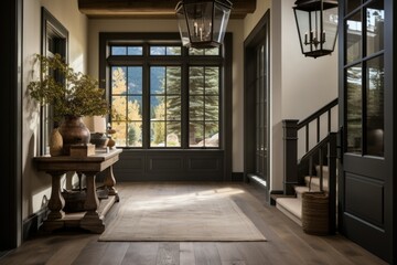 elegant design of the entrance area of a modern country house, wooden trim, large windows, staircase to the upper floor