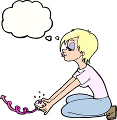 cartoon girl playing computer games with thought bubble
