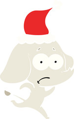flat color illustration of a unsure elephant running away wearing santa hat