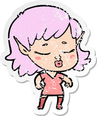 distressed sticker of a pretty cartoon elf girl