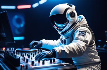 Space dj mixing music with deejay controller. DJ .astronaut