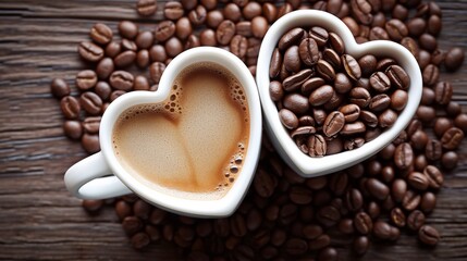 Cup of fresh coffee mug heart shape. Ai created.